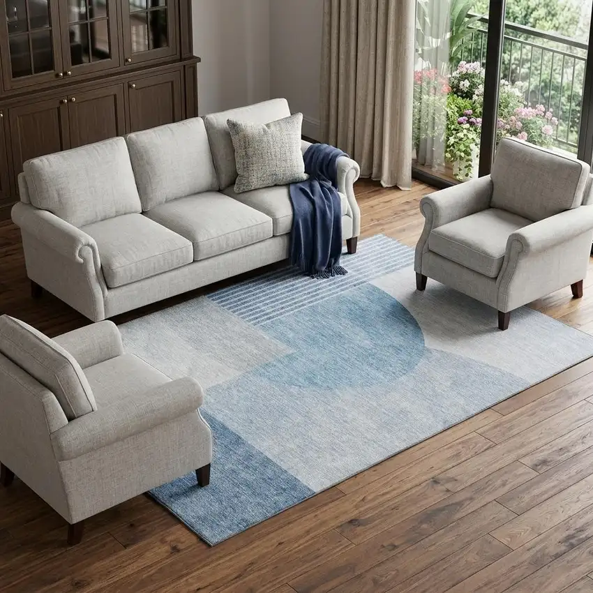 Blue And Ivory Geometric Washable Area Rug With UV Protection Photo 1