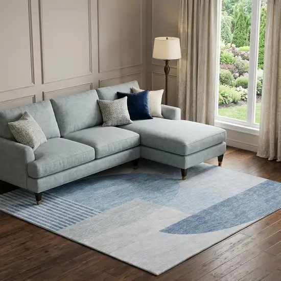 Blue And Ivory Geometric Washable Area Rug With UV Protection Photo 1