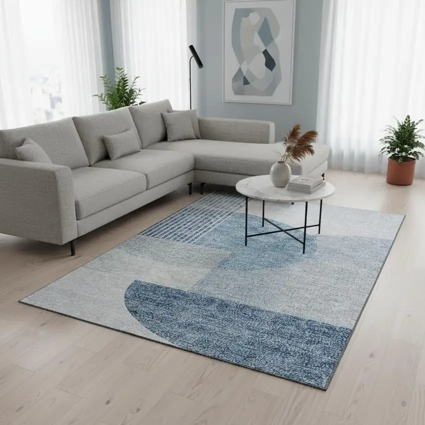 Blue And Ivory Geometric Washable Area Rug With UV Protection Photo 3