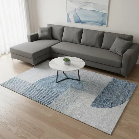 Blue And Ivory Geometric Washable Area Rug With UV Protection Photo 1