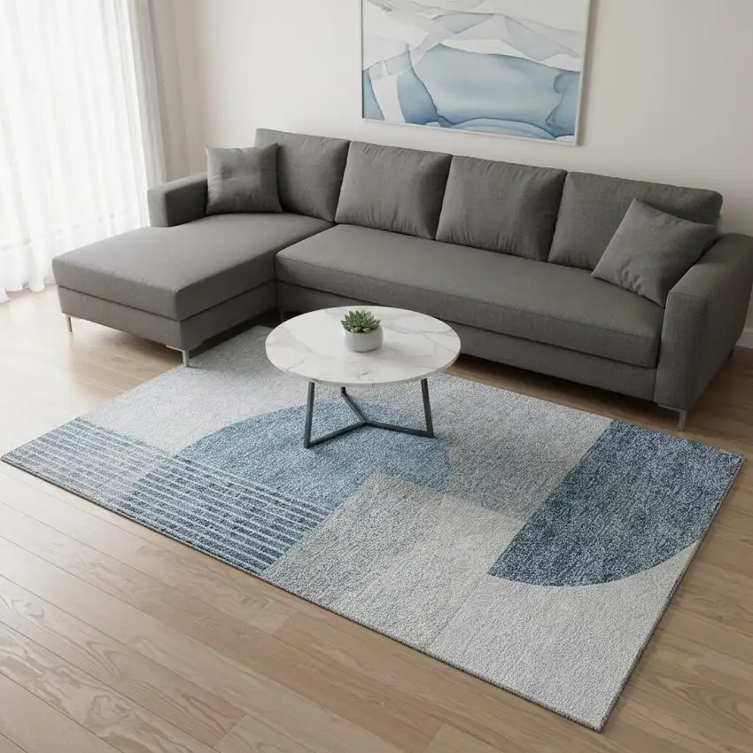 Blue And Ivory Geometric Washable Area Rug With UV Protection Photo 1