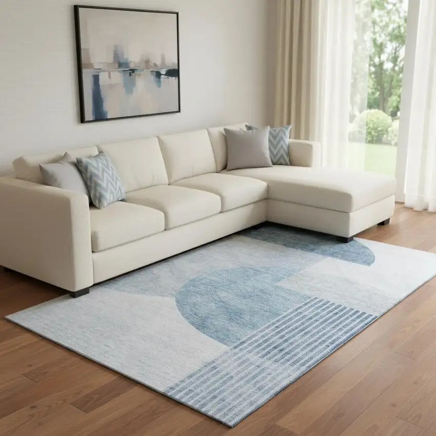 Blue And Ivory Geometric Washable Area Rug With UV Protection Photo 1