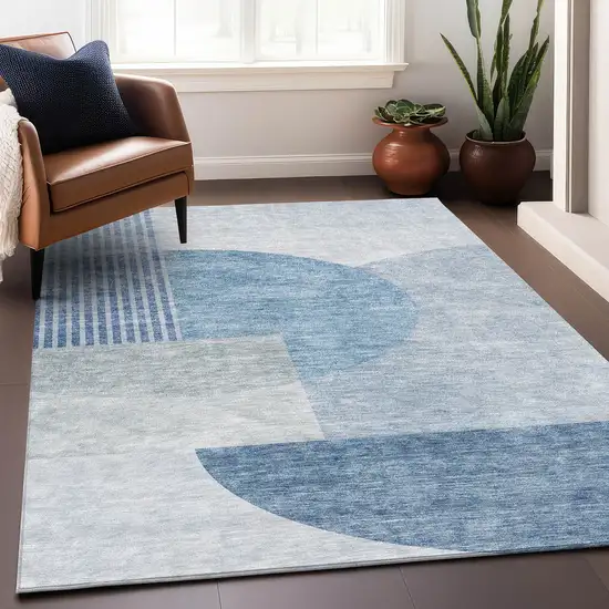 Blue And Ivory Geometric Washable Area Rug With UV Protection Photo 5