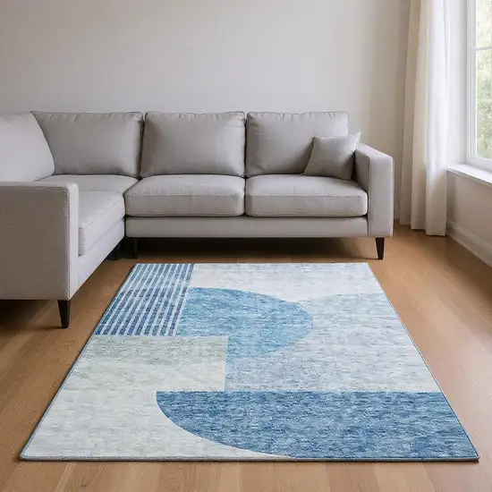Blue And Ivory Geometric Washable Area Rug With UV Protection Photo 1
