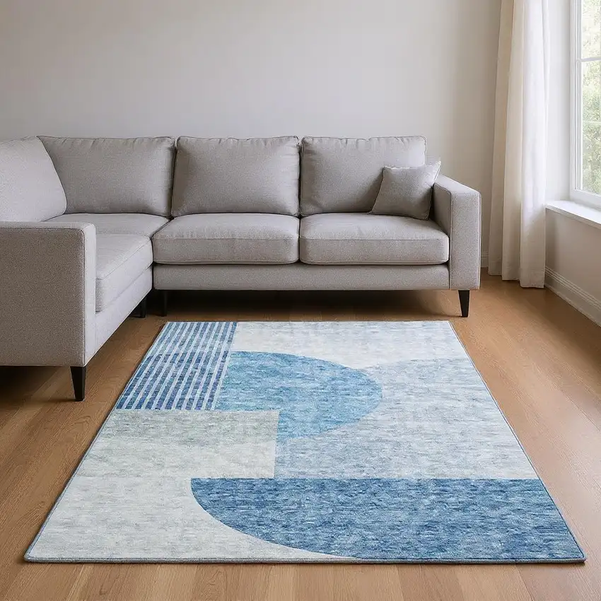 Blue And Ivory Geometric Washable Area Rug With UV Protection Photo 1