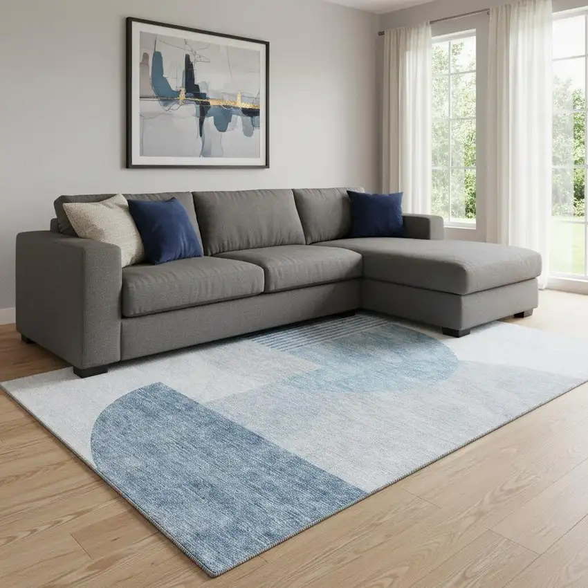 Blue And Ivory Geometric Washable Area Rug With UV Protection Photo 1