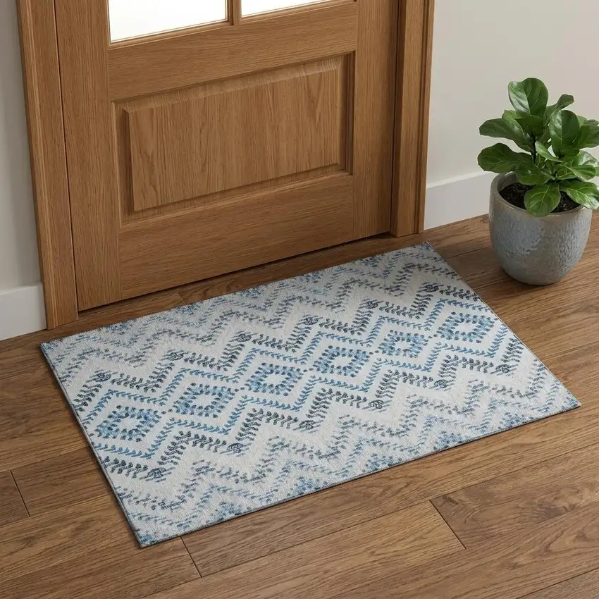 Blue And Ivory Geometric Washable Area Rug With UV Protection Photo 1