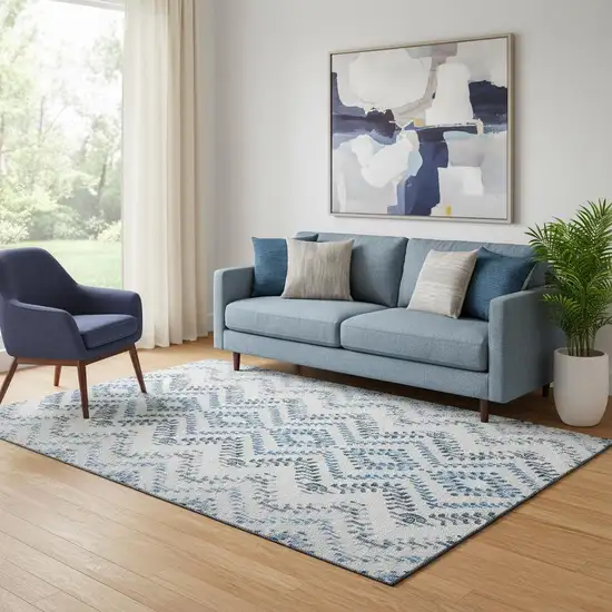 Blue And Ivory Geometric Washable Area Rug With UV Protection Photo 1