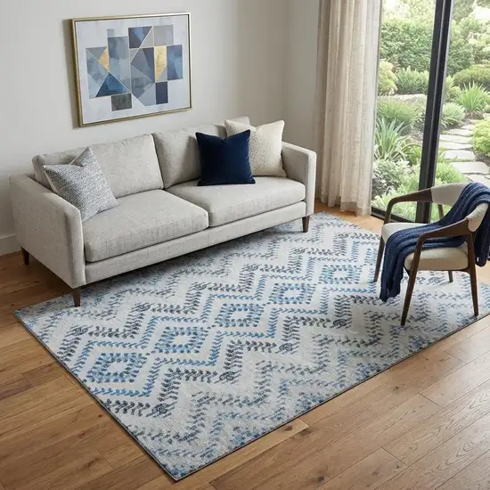 Blue And Ivory Geometric Washable Area Rug With UV Protection Photo 1