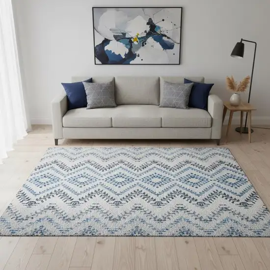 Blue And Ivory Geometric Washable Area Rug With UV Protection Photo 1