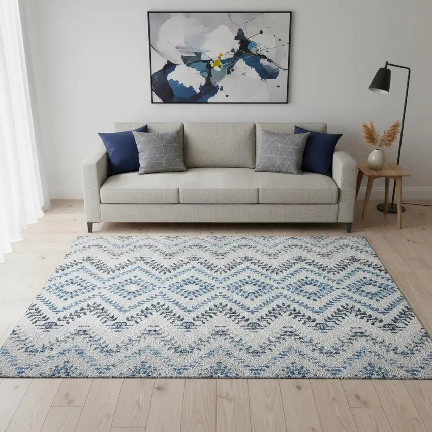 Blue And Ivory Geometric Washable Area Rug With UV Protection Photo 1