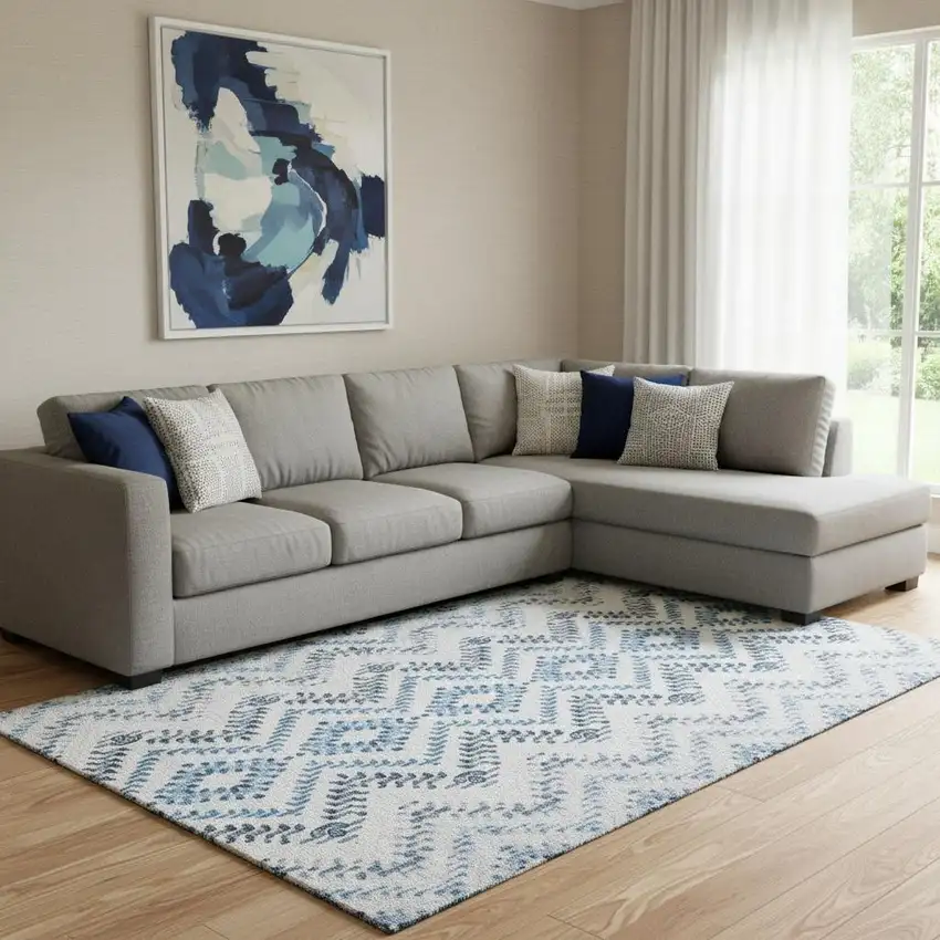 Blue And Ivory Geometric Washable Area Rug With UV Protection Photo 1