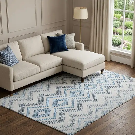 Blue And Ivory Geometric Washable Area Rug With UV Protection Photo 1