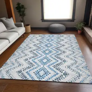 Photo of Blue And Ivory Geometric Washable Area Rug With UV Protection