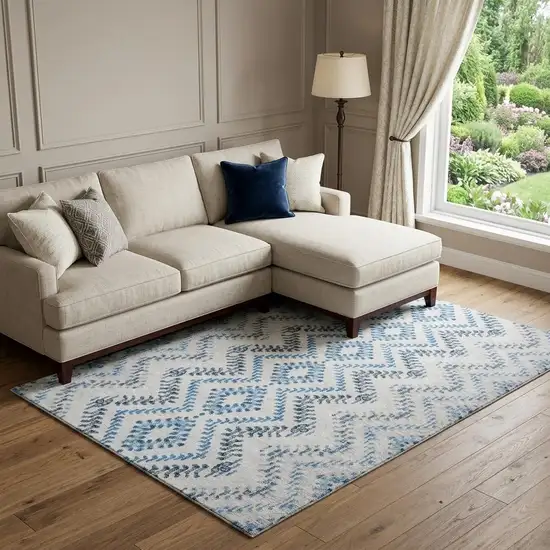 Blue And Ivory Geometric Washable Area Rug With UV Protection Photo 1