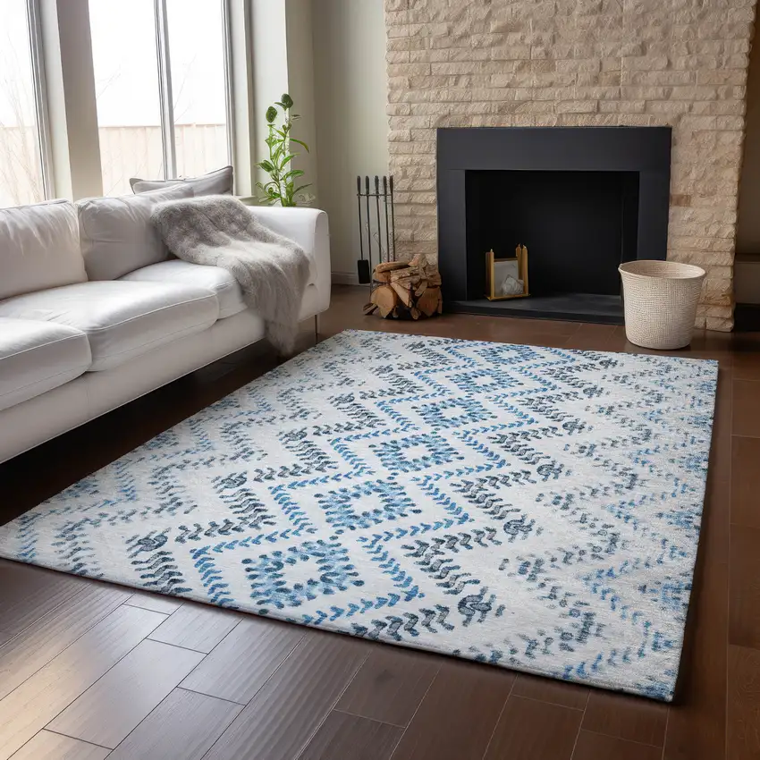 Blue And Ivory Geometric Washable Area Rug With UV Protection Photo 4