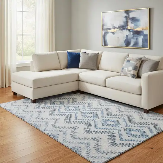 Blue And Ivory Geometric Washable Area Rug With UV Protection Photo 1