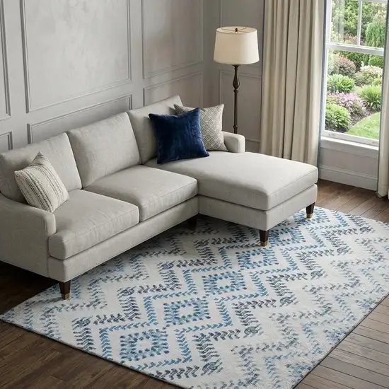 Blue And Ivory Geometric Washable Area Rug With UV Protection Photo 1