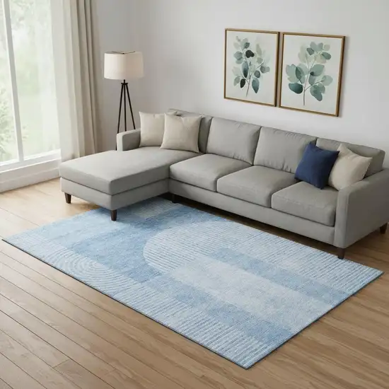 Blue And Ivory Geometric Washable Area Rug With UV Protection Photo 1