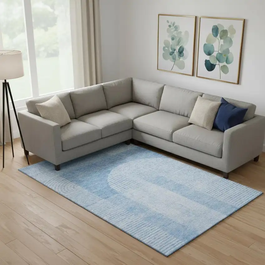 Blue And Ivory Geometric Washable Area Rug With UV Protection Photo 1