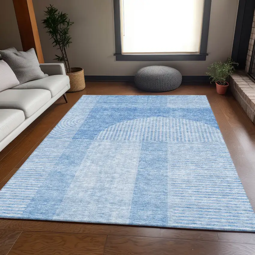 Blue And Ivory Geometric Washable Area Rug With UV Protection Photo 4