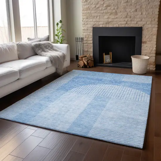 Blue And Ivory Geometric Washable Area Rug With UV Protection Photo 5