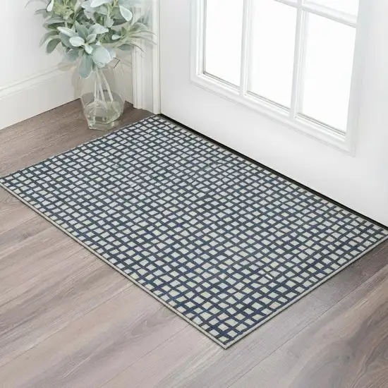 Blue And Ivory Geometric Washable Area Rug With UV Protection Photo 2
