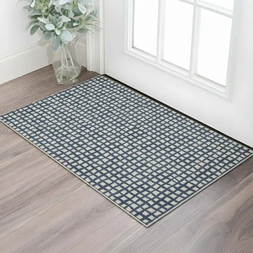 Blue And Ivory Geometric Washable Area Rug With UV Protection Photo 2