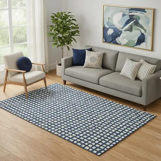 Blue And Ivory Geometric Washable Area Rug With UV Protection Photo 1