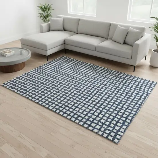 Blue And Ivory Geometric Washable Area Rug With UV Protection Photo 2