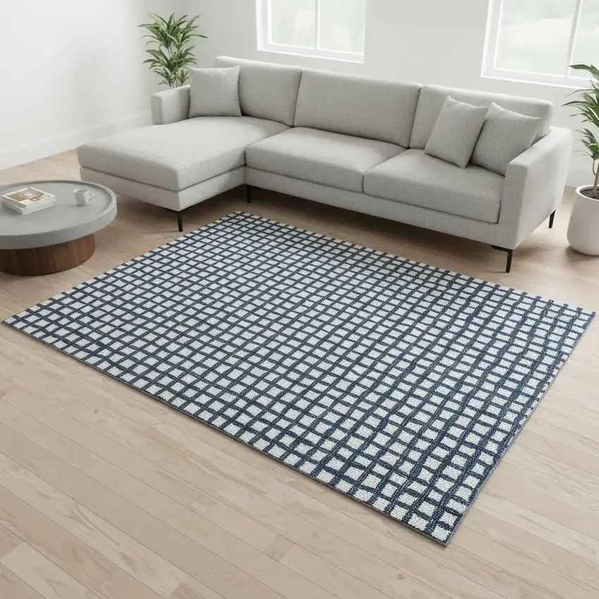 Blue And Ivory Geometric Washable Area Rug With UV Protection Photo 2
