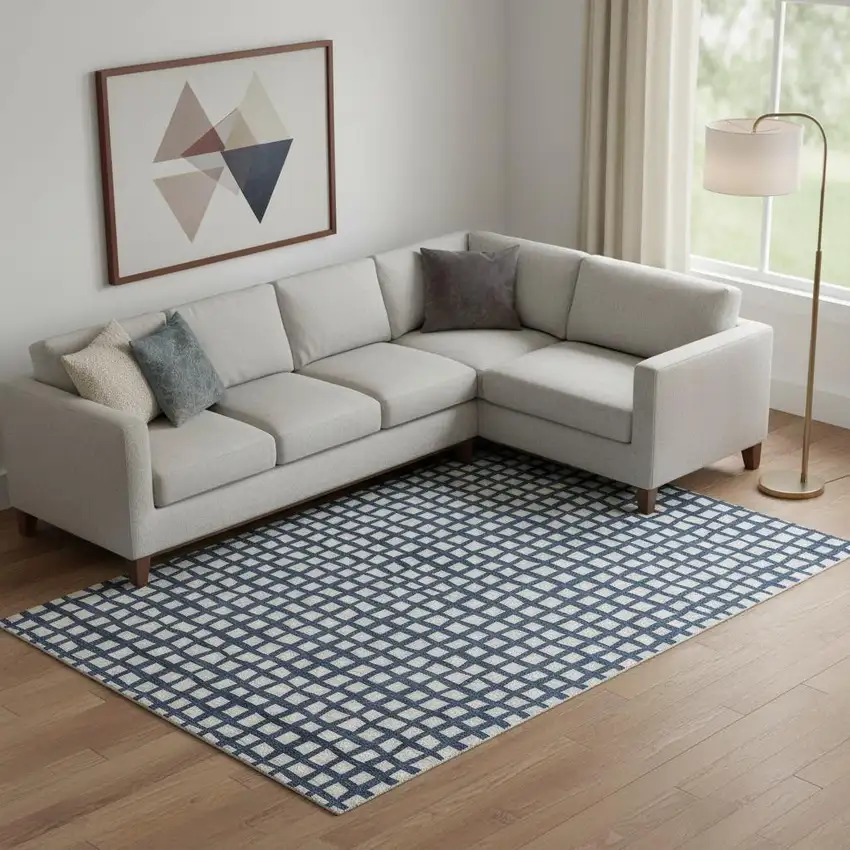 Blue And Ivory Geometric Washable Area Rug With UV Protection Photo 1