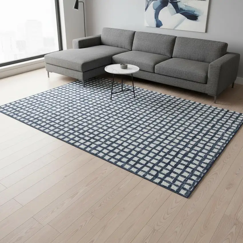 Blue And Ivory Geometric Washable Area Rug With UV Protection Photo 2