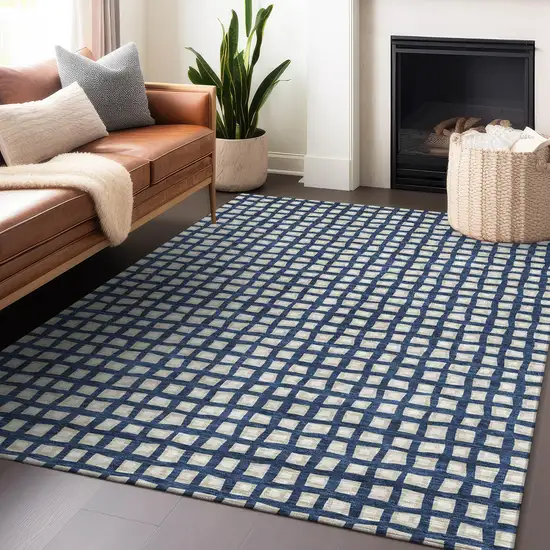 Blue And Ivory Geometric Washable Area Rug With UV Protection Photo 6