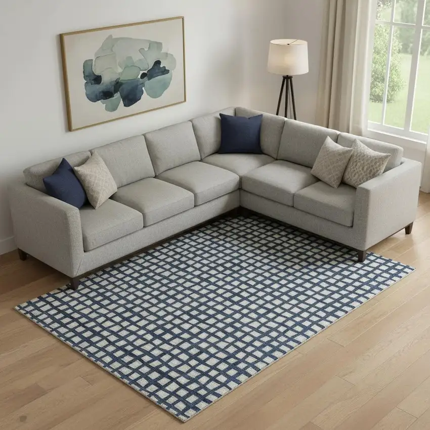 Blue And Ivory Geometric Washable Area Rug With UV Protection Photo 1