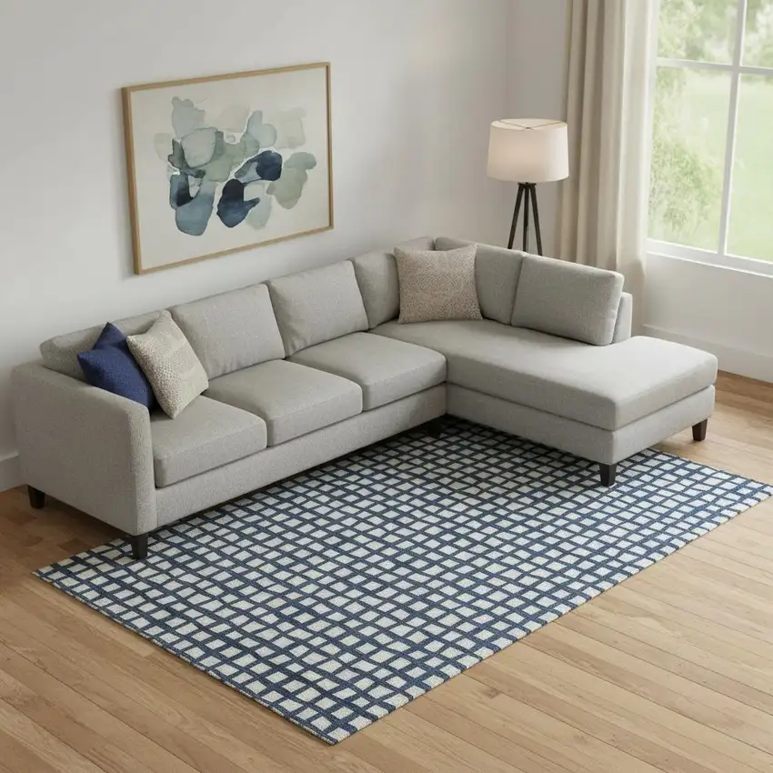 Blue And Ivory Geometric Washable Area Rug With UV Protection Photo 1