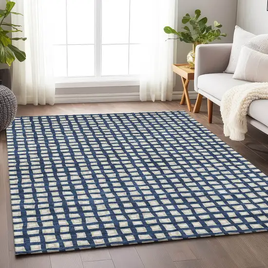 Blue And Ivory Geometric Washable Area Rug With UV Protection Photo 4