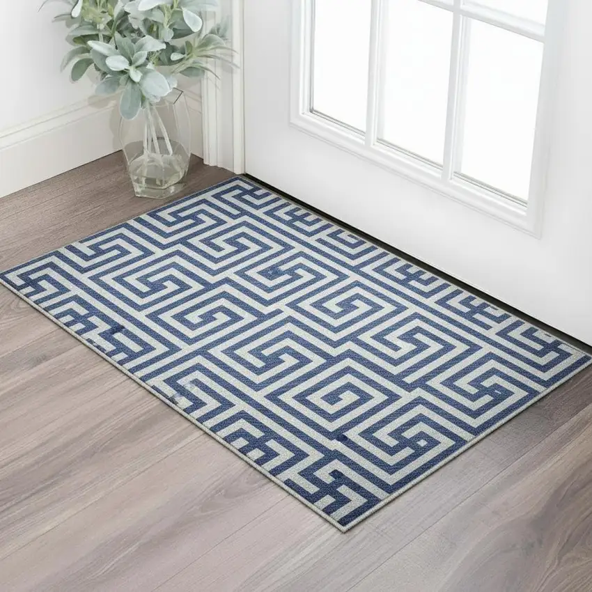 Blue And Ivory Geometric Washable Area Rug With UV Protection Photo 2