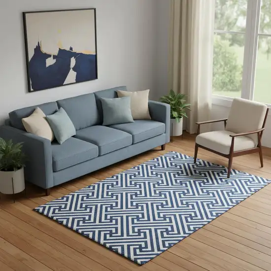 Blue And Ivory Geometric Washable Area Rug With UV Protection Photo 1