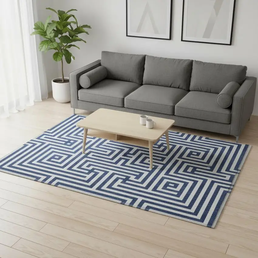 Blue And Ivory Geometric Washable Area Rug With UV Protection Photo 2