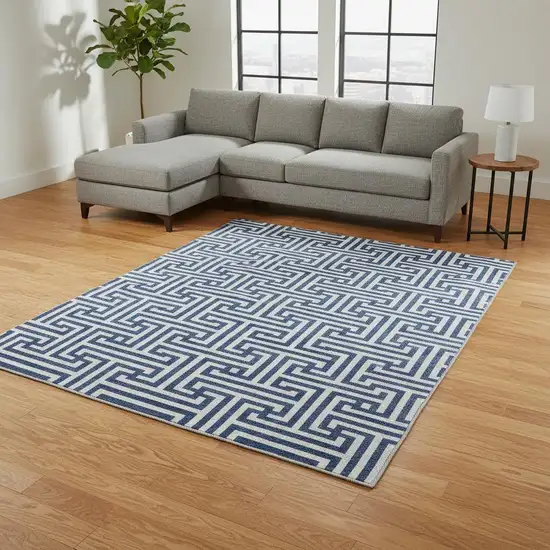 Blue And Ivory Geometric Washable Area Rug With UV Protection Photo 2