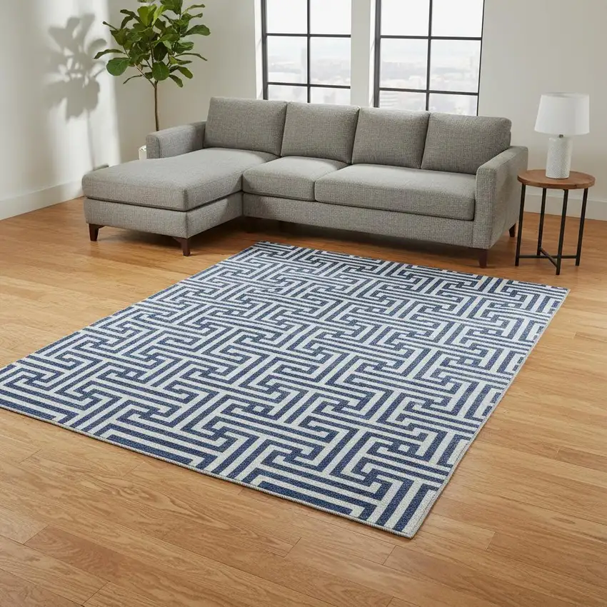Blue And Ivory Geometric Washable Area Rug With UV Protection Photo 2