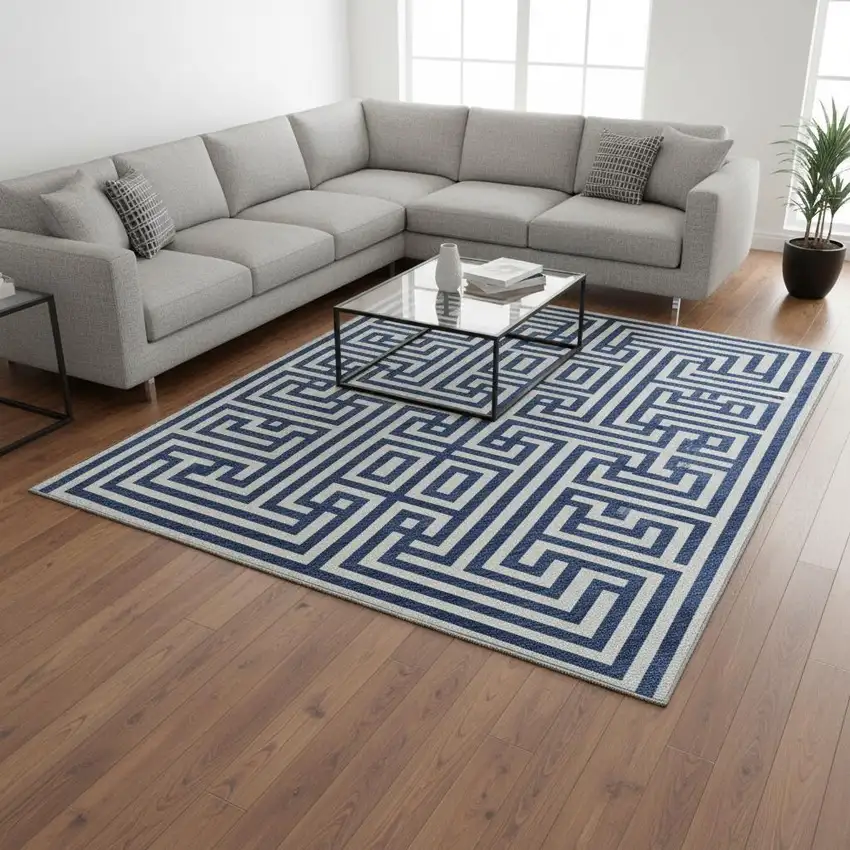 Blue And Ivory Geometric Washable Area Rug With UV Protection Photo 2