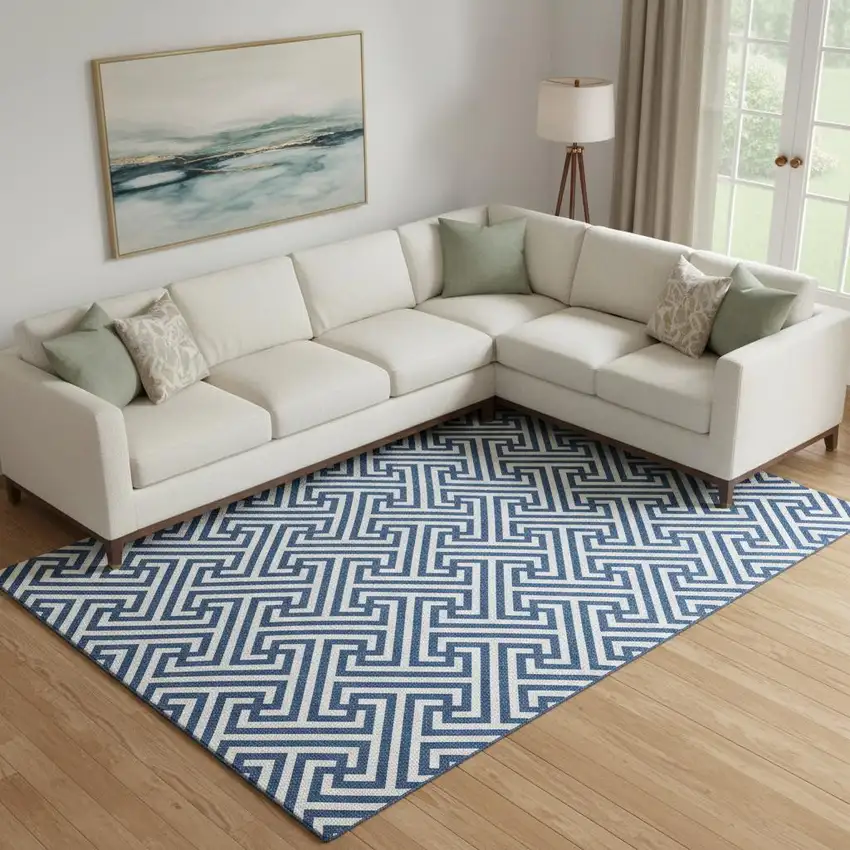 Blue And Ivory Geometric Washable Area Rug With UV Protection Photo 1
