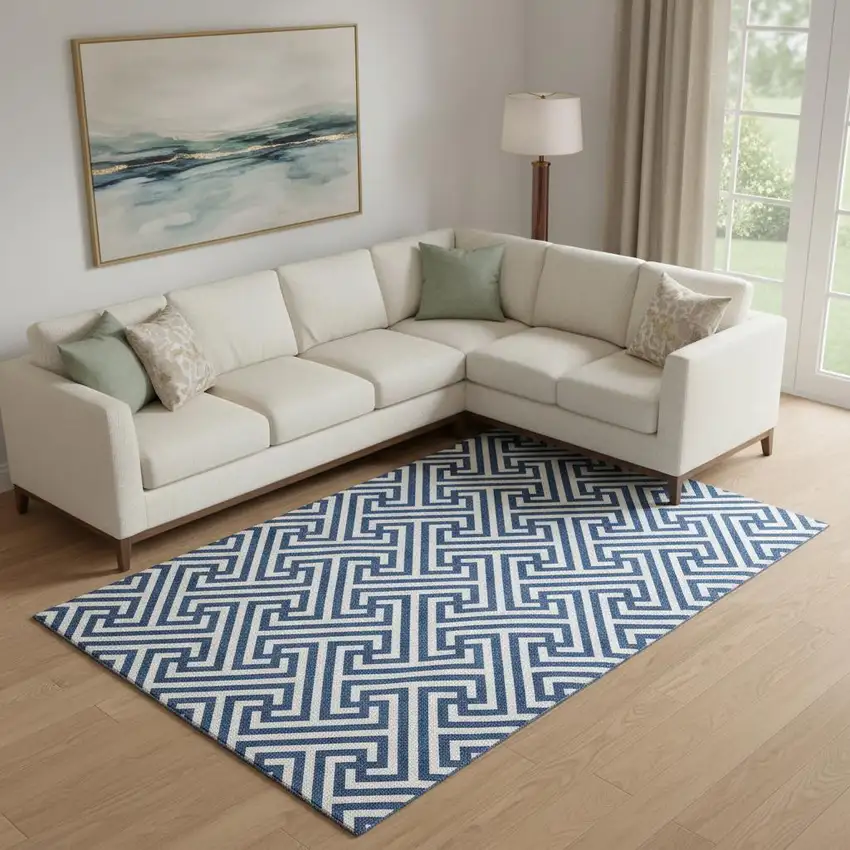Blue And Ivory Geometric Washable Area Rug With UV Protection Photo 1