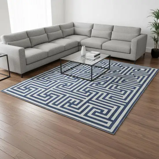 Blue And Ivory Geometric Washable Area Rug With UV Protection Photo 2