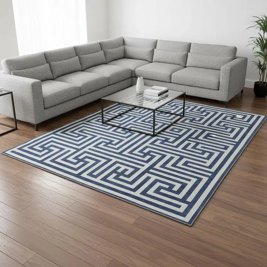 Blue And Ivory Geometric Washable Area Rug With UV Protection Photo 2