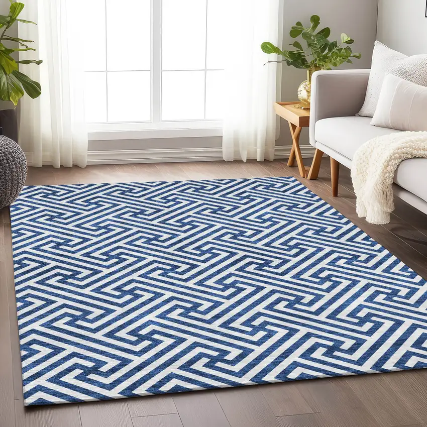 Blue And Ivory Geometric Washable Area Rug With UV Protection Photo 5