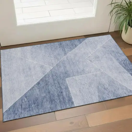 Blue And Ivory Geometric Washable Area Rug With UV Protection Photo 1