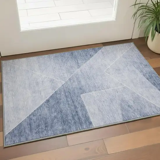 Blue And Ivory Geometric Washable Area Rug With UV Protection Photo 2